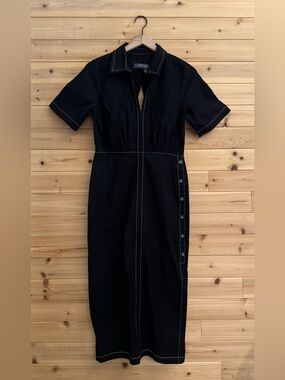 Anthropologie Size 2 Black Slim Midi Shirt Dress Business Casual Office Slit